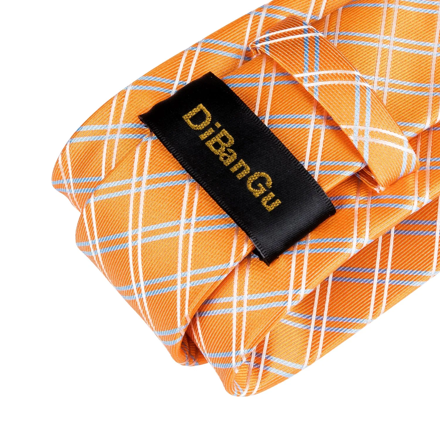 Orange Plaid Silk Men's Necktie Handkerchief Cufflinks Set With Lapel Pin Brooch Set