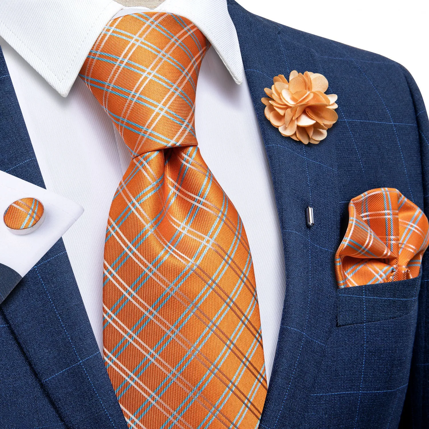 Orange Plaid Silk Men's Necktie Handkerchief Cufflinks Set With Lapel Pin Brooch Set