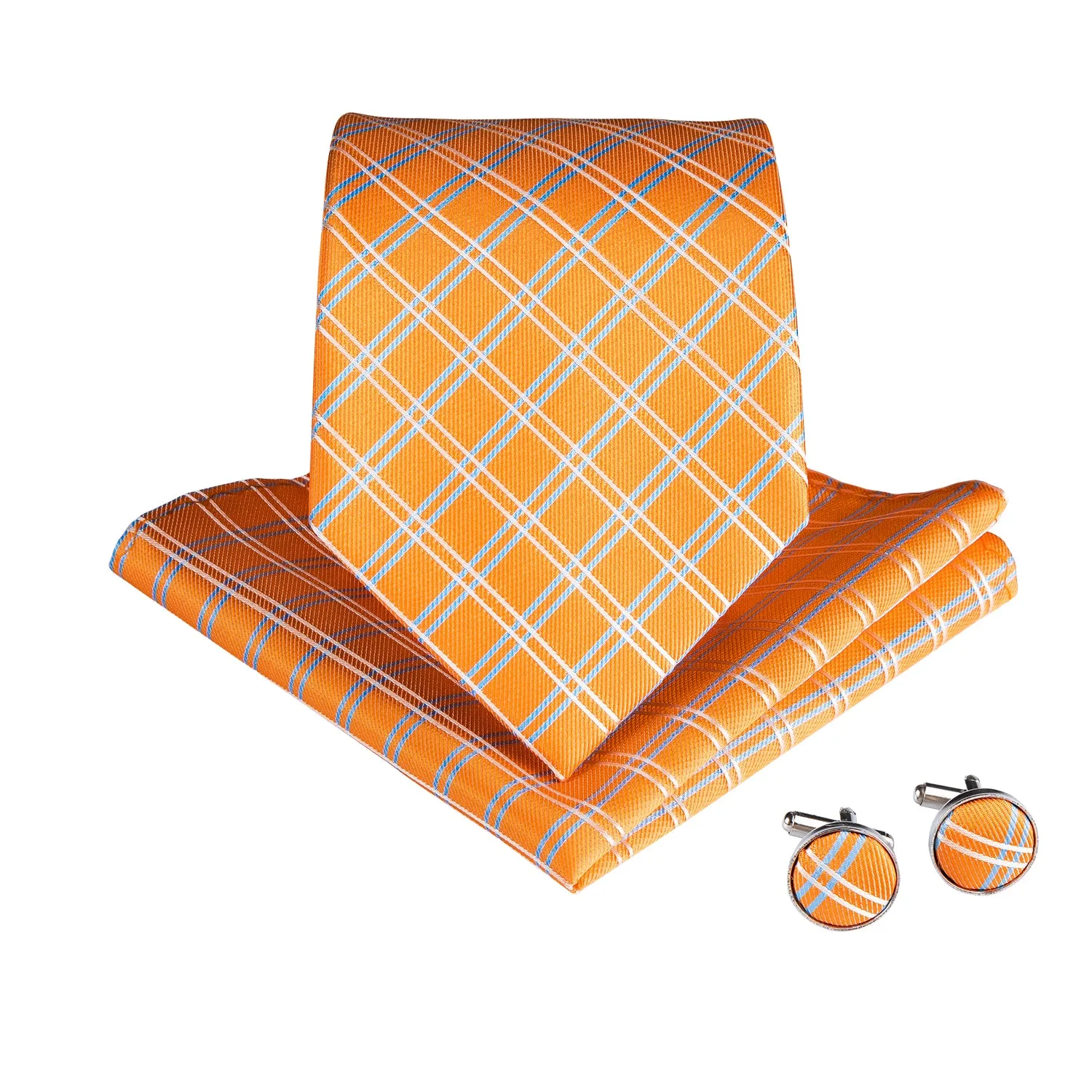 Orange Plaid Silk Men's Necktie Handkerchief Cufflinks Set With Lapel Pin Brooch Set