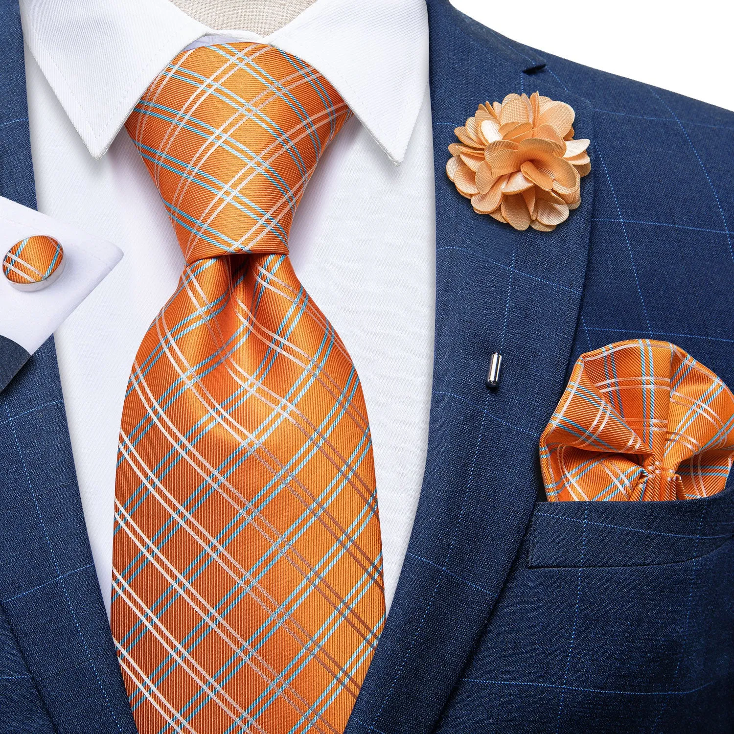 Orange Plaid Silk Men's Necktie Handkerchief Cufflinks Set With Lapel Pin Brooch Set