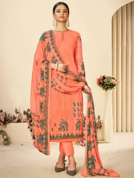 Orange Printed Cotton Unstitched Suit With Chiffon Dupatta