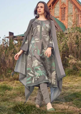 Pashmina Unstitched Grey Printed Winter Suits for Ladies