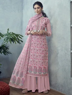 Printed Un-Stitched Pink Palazzo Suit Material with Dupatta