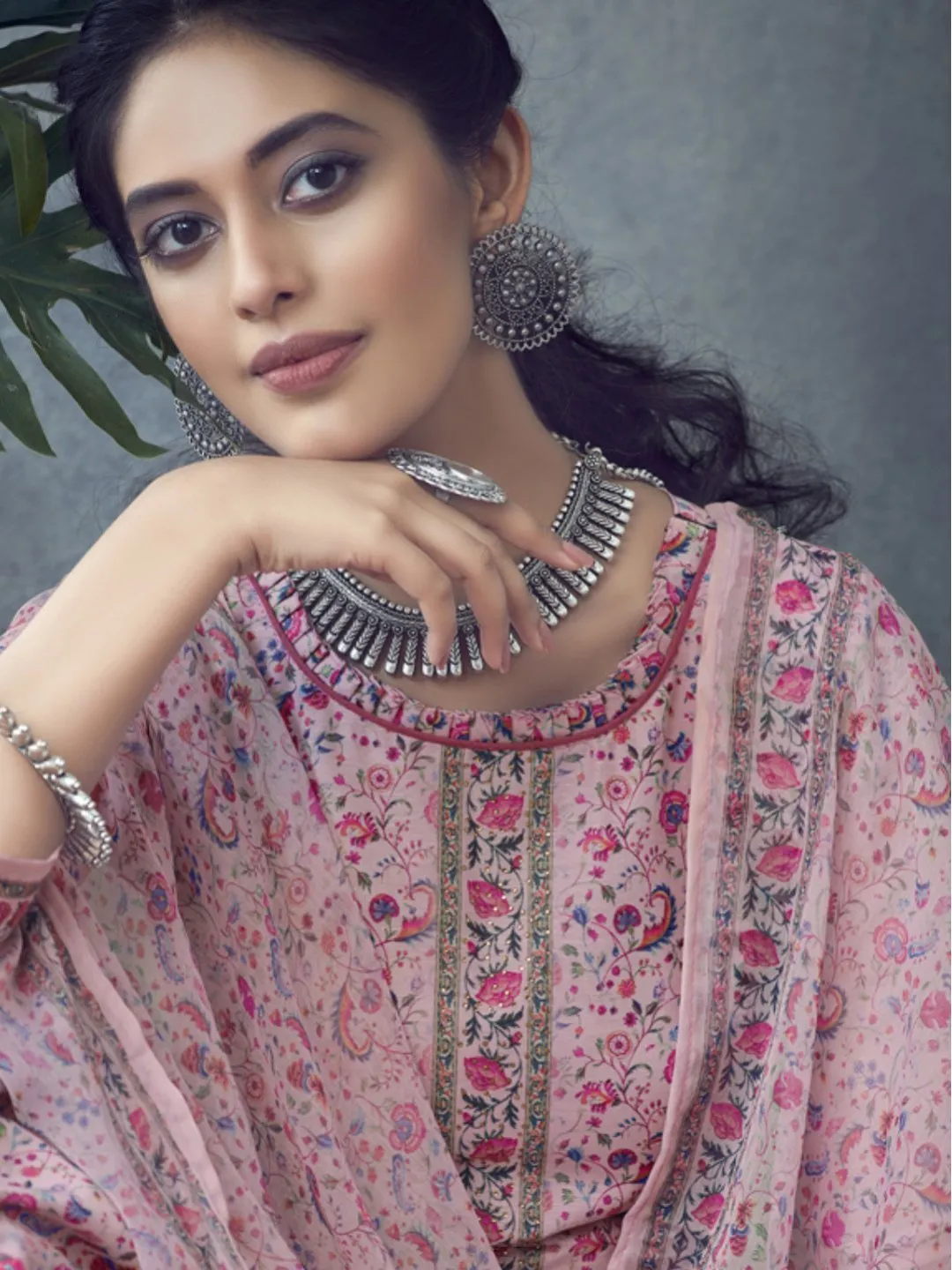 Printed Un-Stitched Pink Palazzo Suit Material with Dupatta