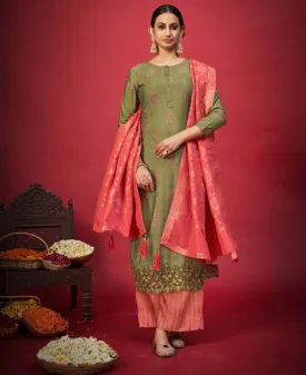 Pure Cotton Silk Green Unstitched Dress Material With Banarasi Dupatta