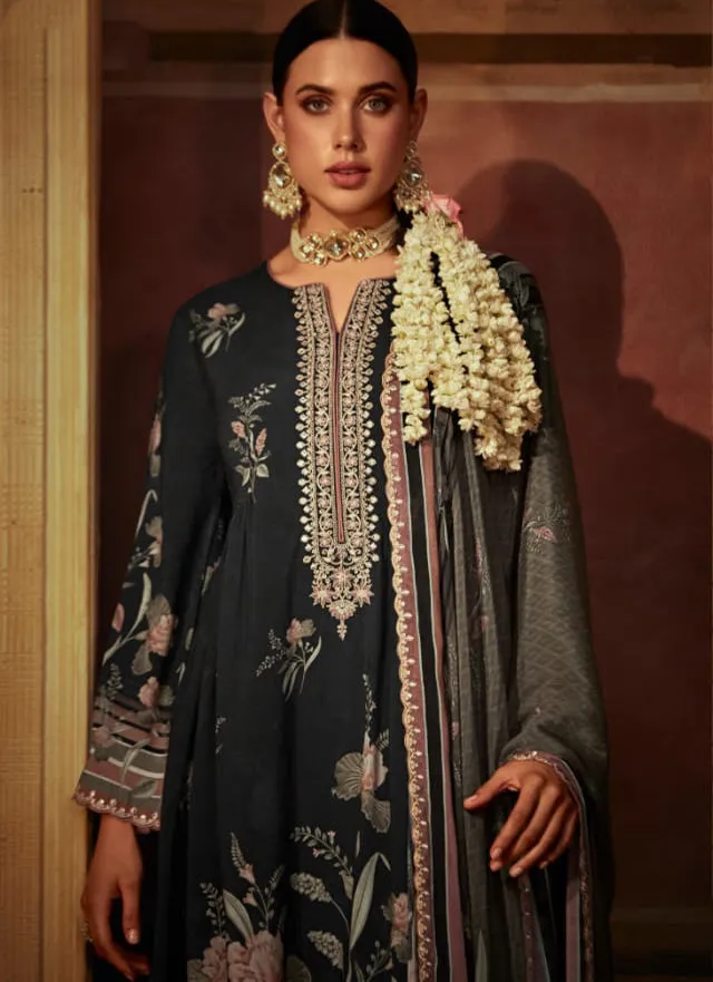 Pure Muslin Black Unstitched Suit Dress Material with Embroidery