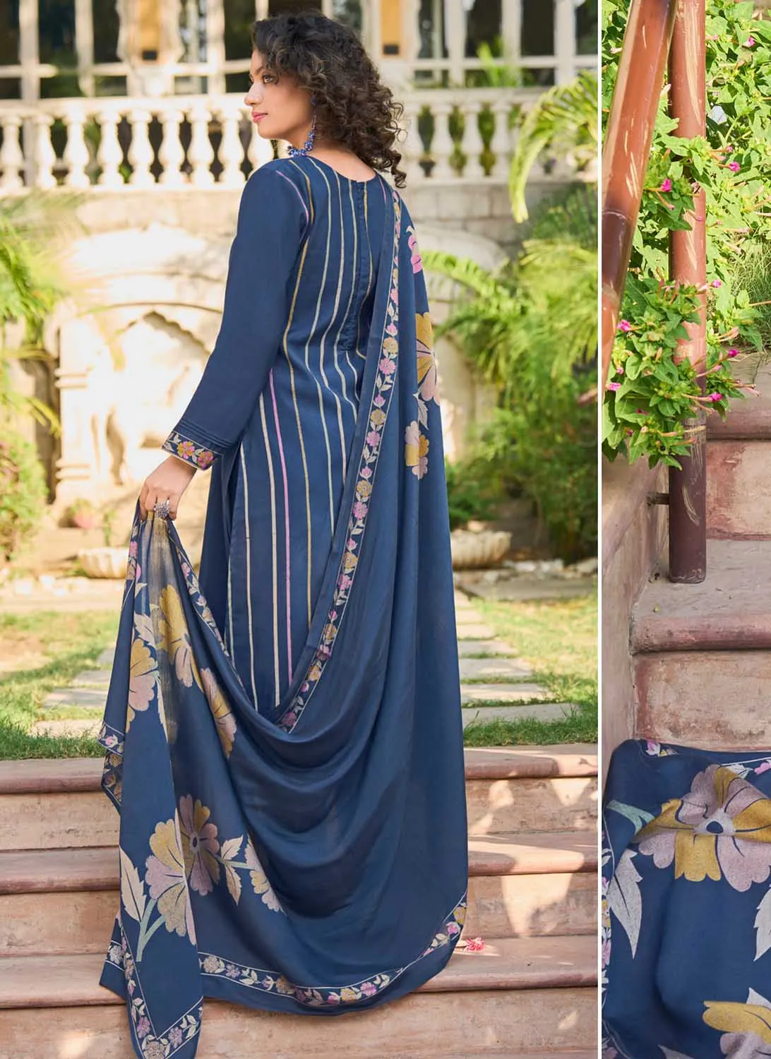 Pure Muslin Unstitched Blue Printed Women Salwar Suit Dress Material