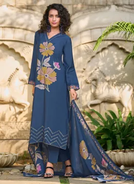 Pure Muslin Unstitched Blue Printed Women Salwar Suit Dress Material