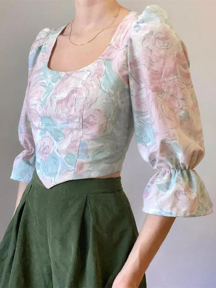 Retro Tie-dye Flower Square Open Half Puff Asymmetry Blouse