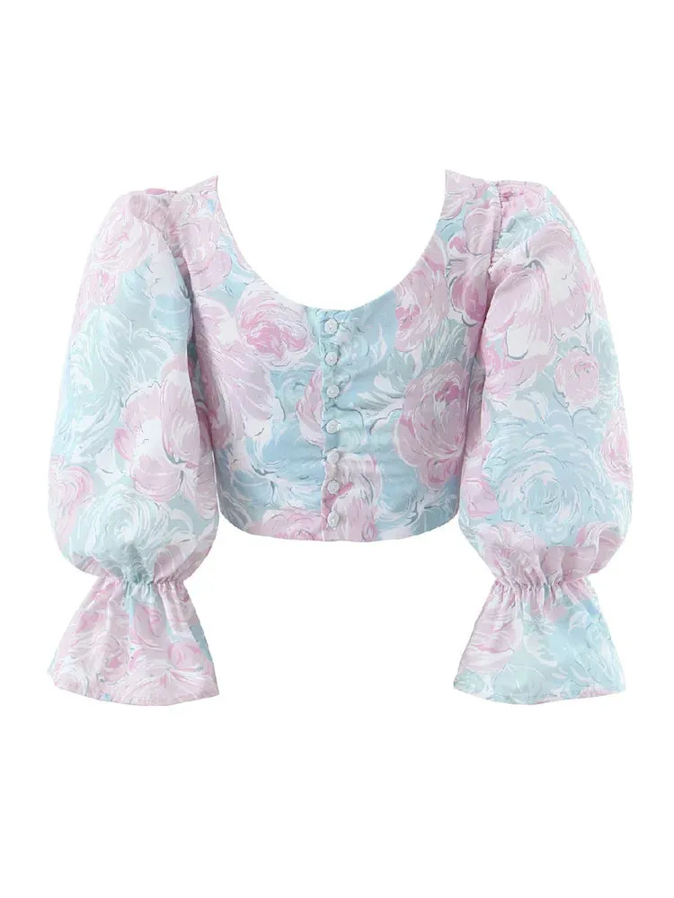 Retro Tie-dye Flower Square Open Half Puff Asymmetry Blouse