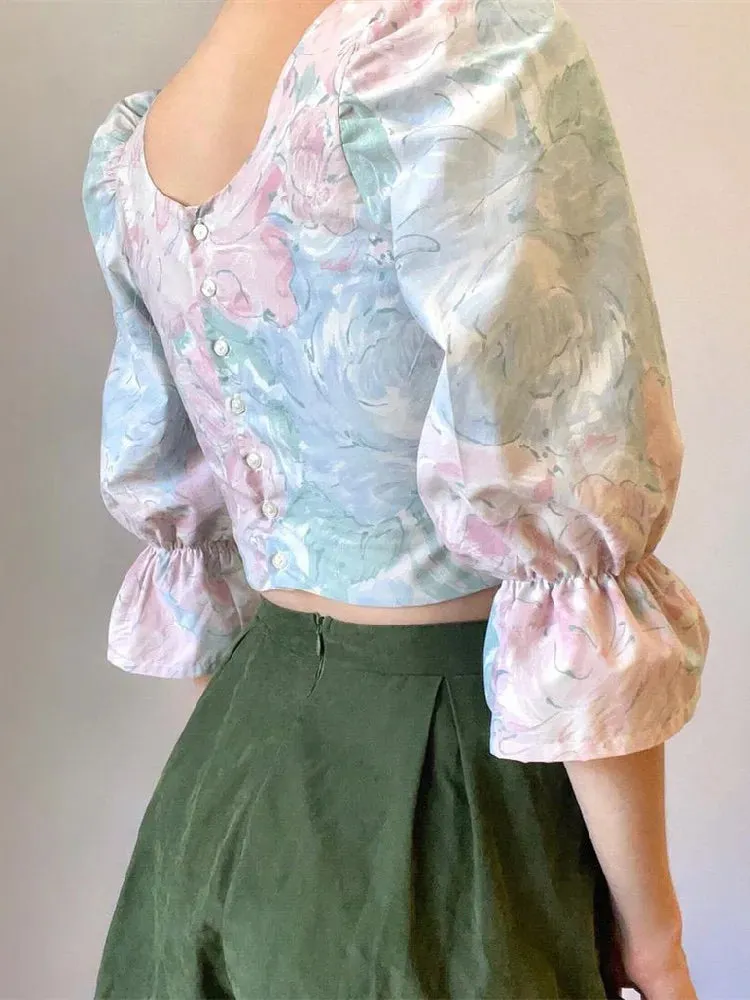 Retro Tie-dye Flower Square Open Half Puff Asymmetry Blouse