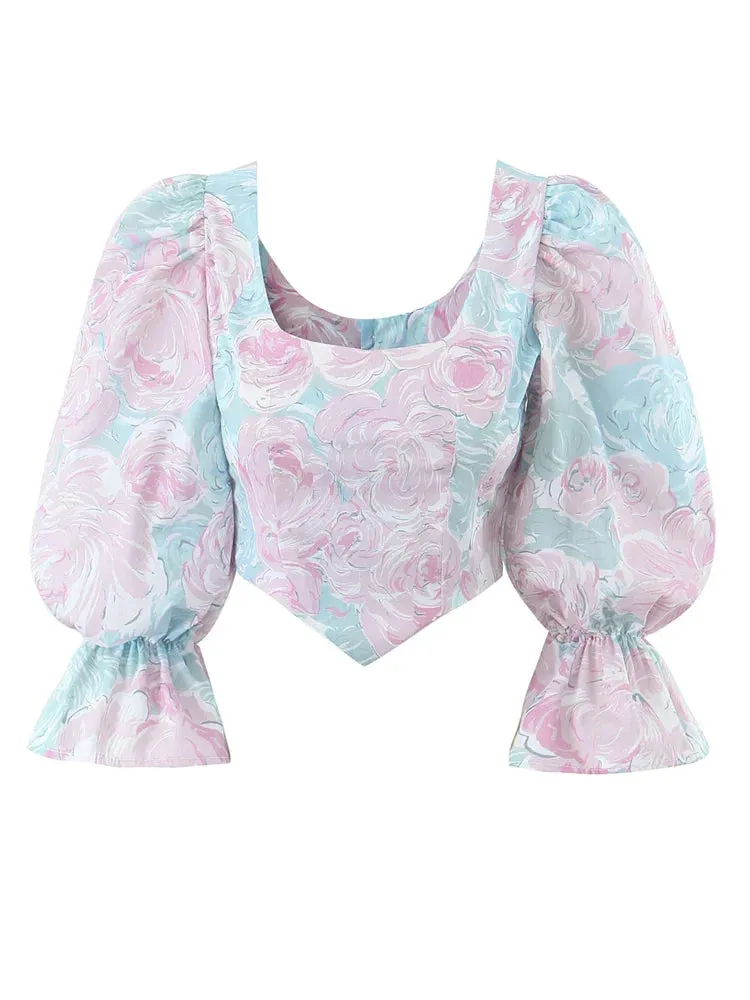 Retro Tie-dye Flower Square Open Half Puff Asymmetry Blouse