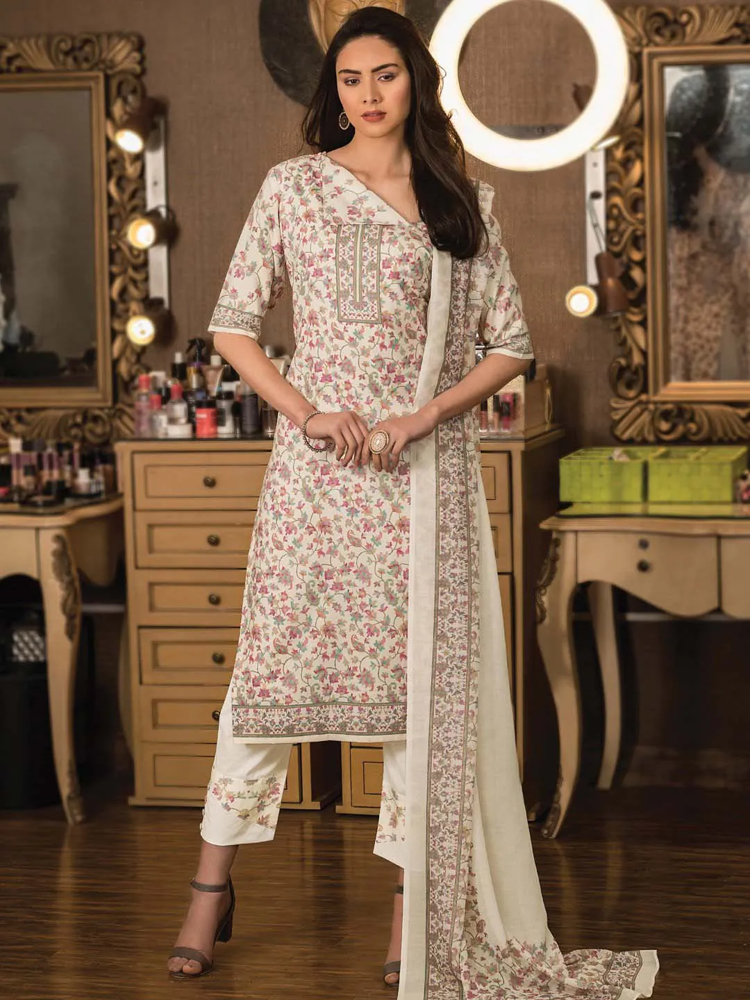 Rivaa Pure Cotton Off-White Unstitched Suit Dress Material for Women