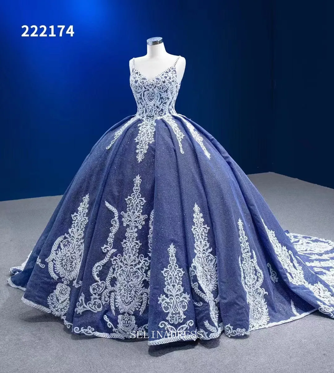 Spaghetti Straps Blue Prom Dress Ball Gown Vintage Pageant Dress RSM222174