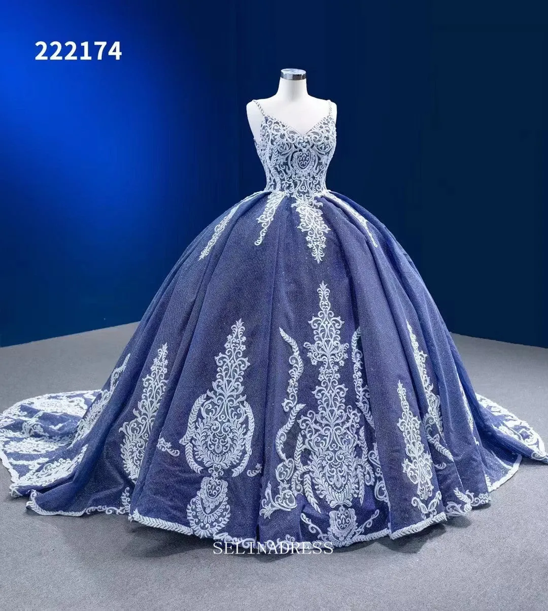 Spaghetti Straps Blue Prom Dress Ball Gown Vintage Pageant Dress RSM222174