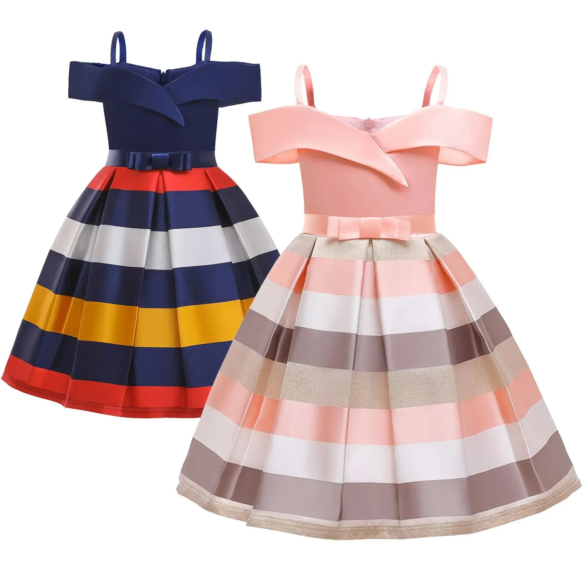 Summer Girls Casual Princess Dress Children New Year Wedding Sleeveless Striped Cloth Kid Birthday Party Ruched Tulle Costume