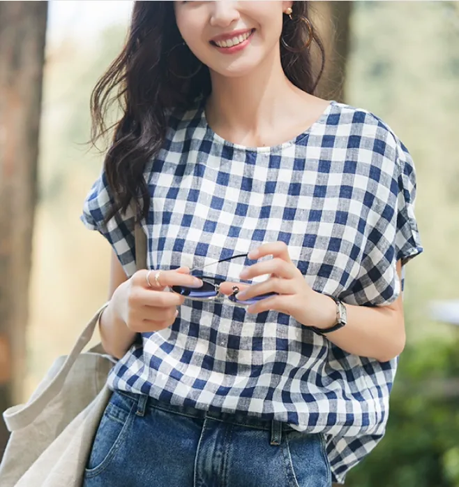 Summer Linen Plaid Shortsleeve T-shirt, Round Neck Commuter Top Women Tops