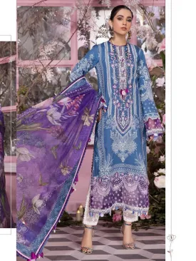 Unstitched Blue Cotton Pakistani Style Suits Dress Material