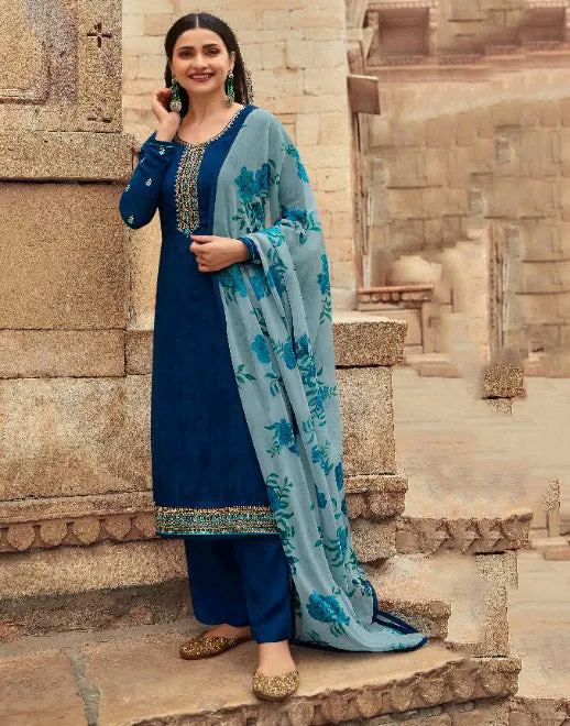 Unstitched Blue Crepe Suits Set With Georgette Dupatta Dress material