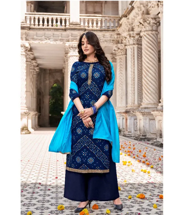 Unstitched Blue Foil Print With Kasab Embroidery Palazzo Style Suit