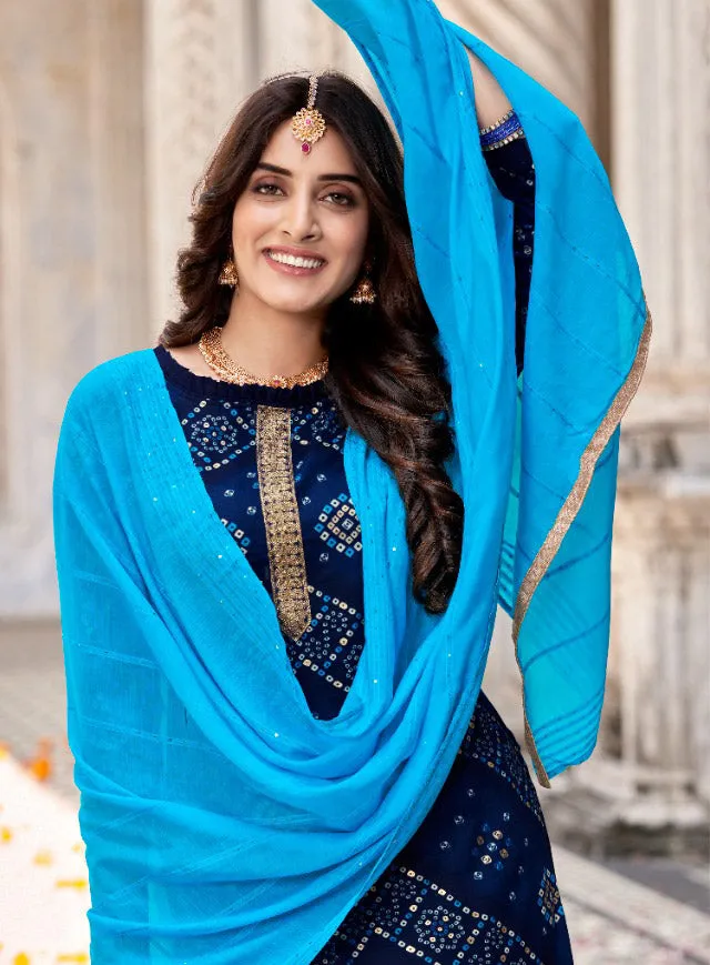 Unstitched Blue Foil Print With Kasab Embroidery Palazzo Style Suit