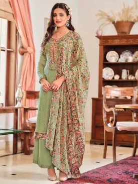 Unstitched Chinon Green Palazzo Suit Set With Embroidery Work