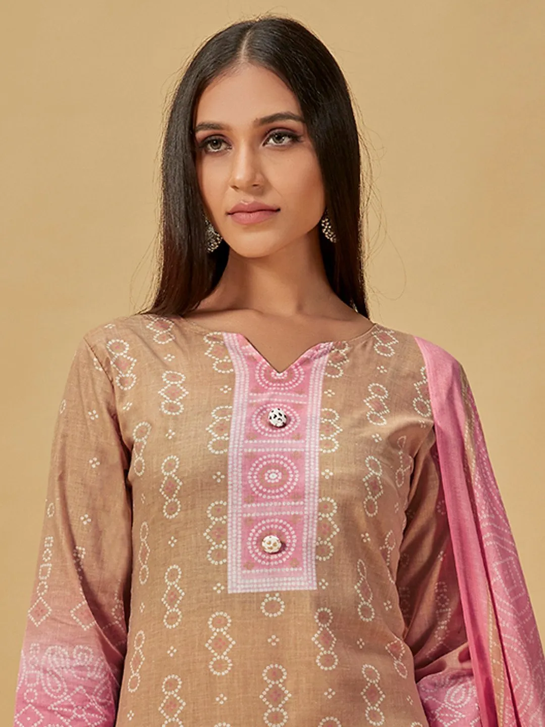 Unstitched Cotton Beige Suit Dress Material for Ladies