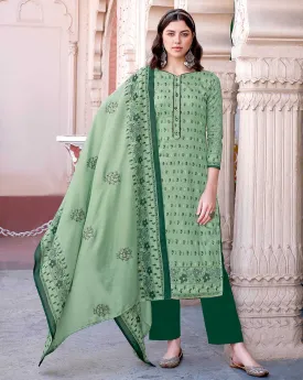 Unstitched Green Cotton Suits Dress Material for Ladies