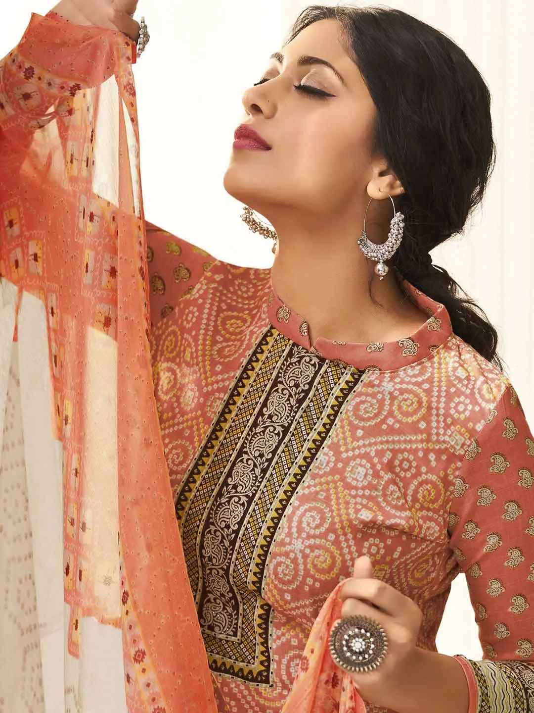 Unstitched Peach Cotton Printed Suit Materials for Women with Dupatta