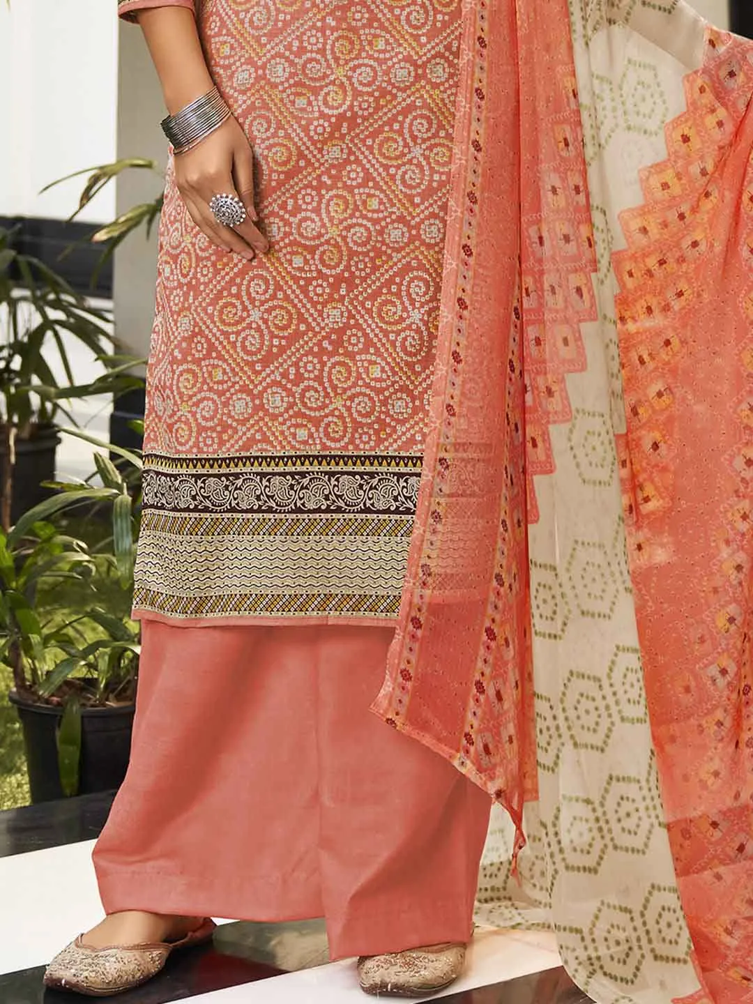 Unstitched Peach Cotton Printed Suit Materials for Women with Dupatta