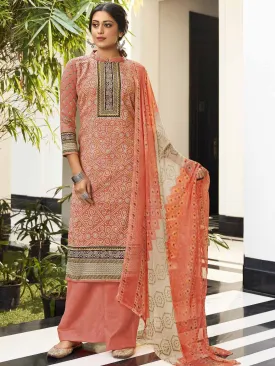 Unstitched Peach Cotton Printed Suit Materials for Women with Dupatta