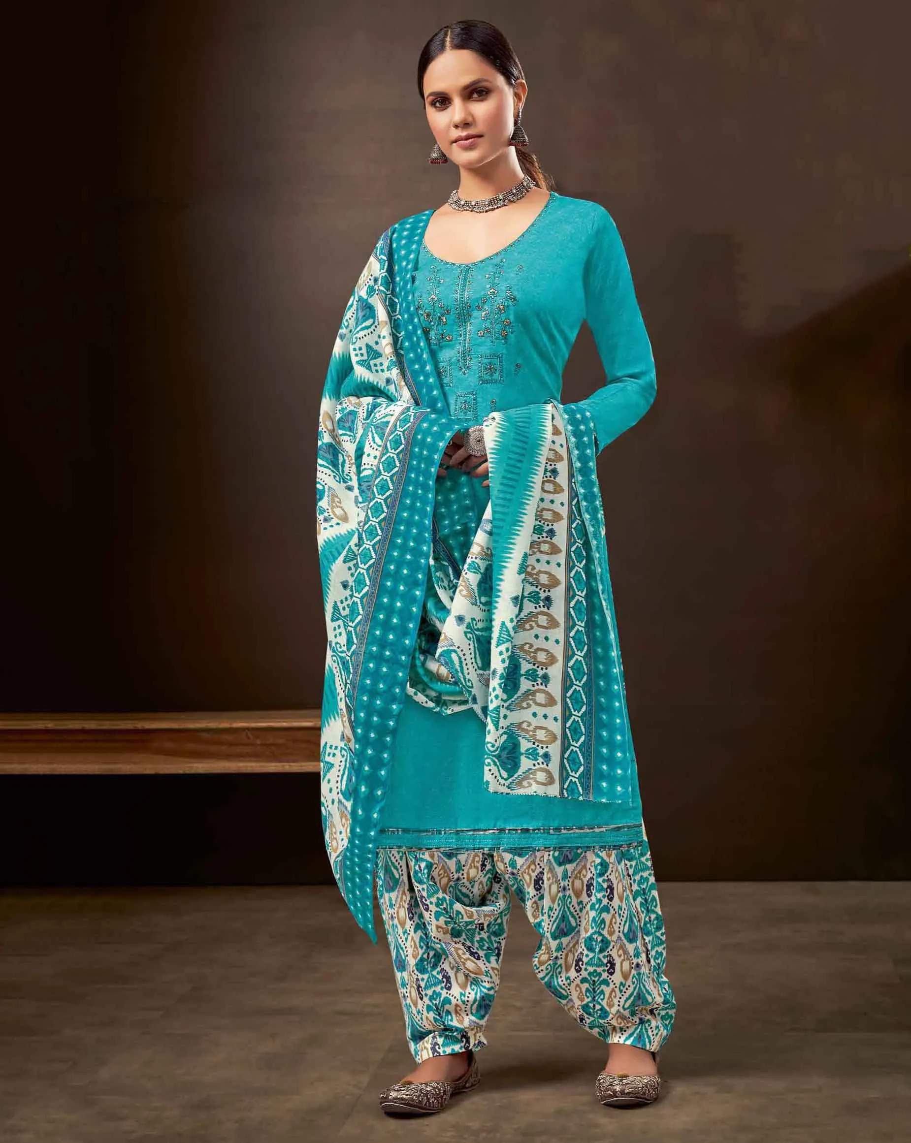 Unstitched Pure Cotton Women Teal Blue Suit Dress Material