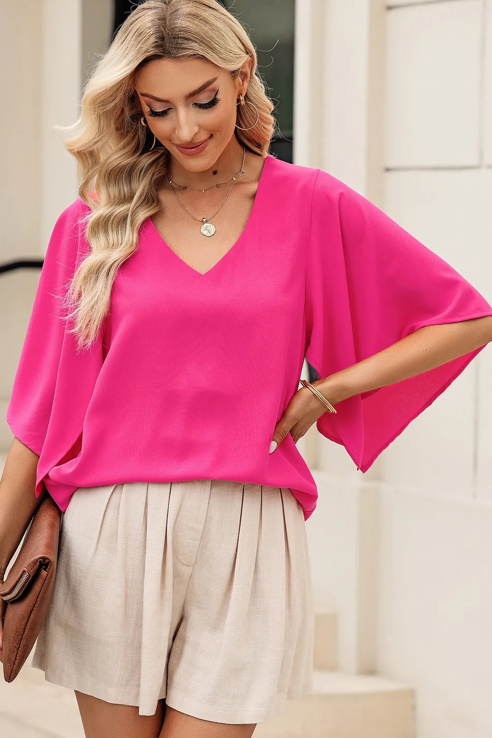 V-Neck Cloak Sleeve Blouse