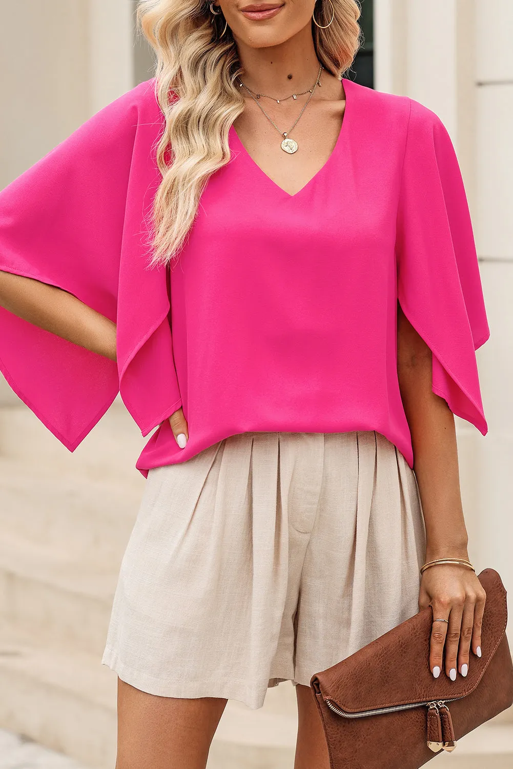 V-Neck Cloak Sleeve Blouse