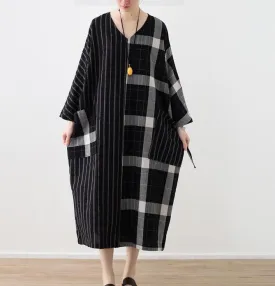 V Neck Patchwork Spring Cotton Linen Loose Long Dresses Plus Size AMT962328