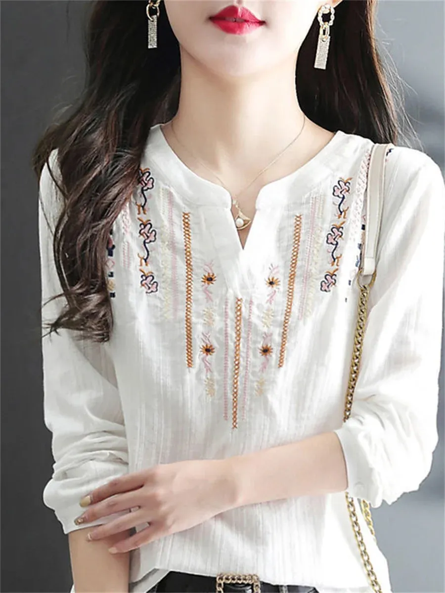 Women Spring Autumn White Blouses Tops Lady Casual Embroidery V-Neck Long Sleeve Vintage Loose Blusas Top DF4272