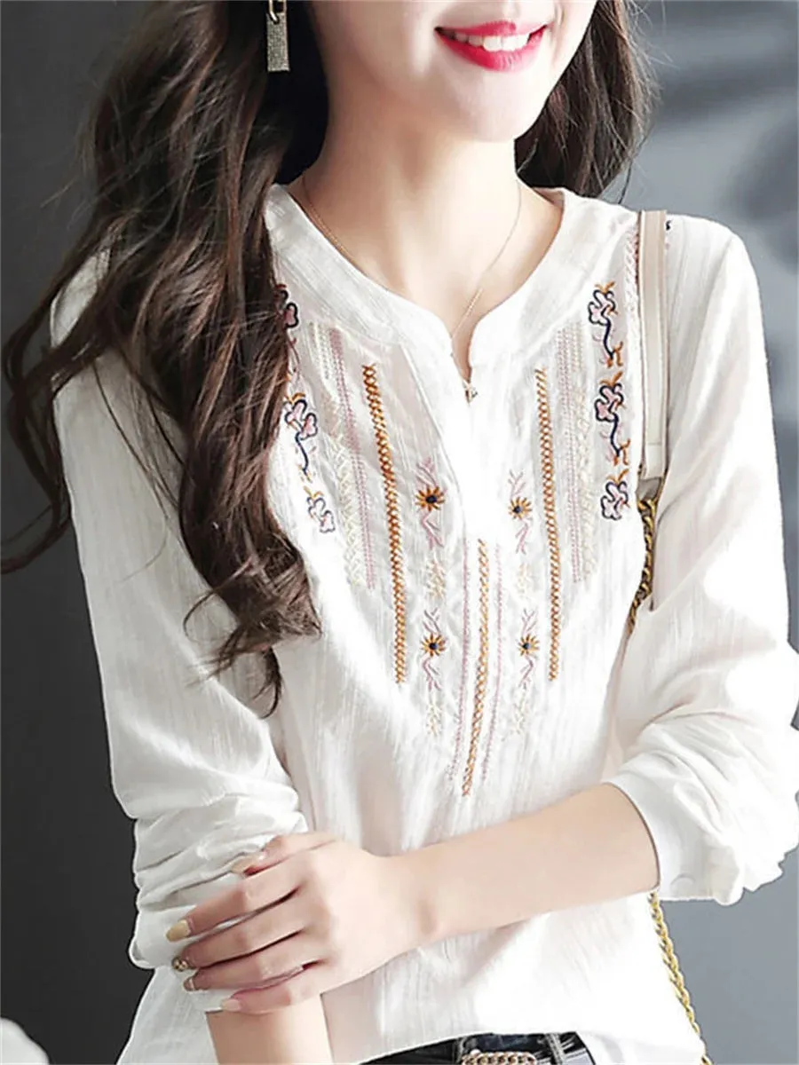 Women Spring Autumn White Blouses Tops Lady Casual Embroidery V-Neck Long Sleeve Vintage Loose Blusas Top DF4272