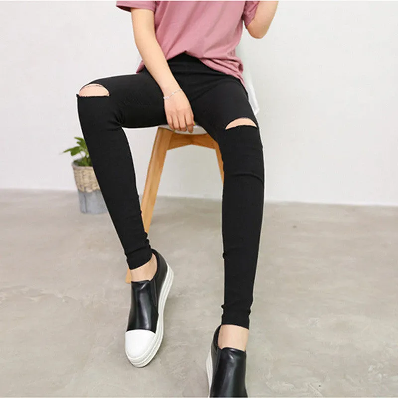 Womens 2015 Spring Summer New Fashion High Quality Woven Cotton Hole Ripped Jeans Leggings Pants Gothic Wash Leggings For Women