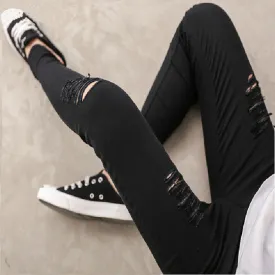 Womens 2015 Spring Summer New Fashion High Quality Woven Cotton Hole Ripped Jeans Leggings Pants Gothic Wash Leggings For Women