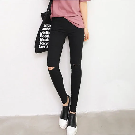 Womens 2015 Spring Summer New Fashion High Quality Woven Cotton Hole Ripped Jeans Leggings Pants Gothic Wash Leggings For Women